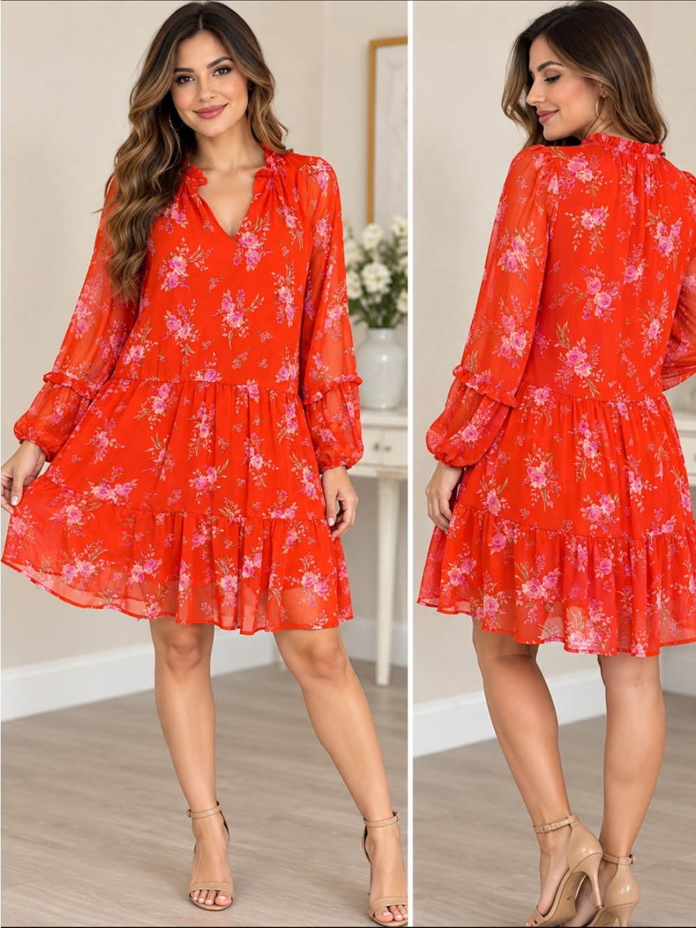 Vince Camuto Red Floral Long-Sleeve Tiered Dress